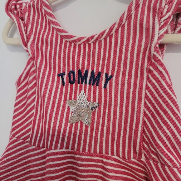 🧸2/20$ Tommy Red Striped Toddler Dress Top Size 24M Ruffle Sleeves Girl Bow - Picture 3 of 5